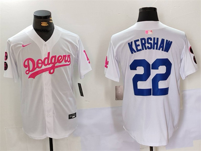 Men's Los Angeles Dodgers #22 Clayton Kershaw White/Pink Vin & Kobe Patch Stitched Baseball Jersey Men's Los Angeles Dodgers #22 Clayton Kershaw White/Pink Vin & Kobe Patch Stitched Baseball Jersey